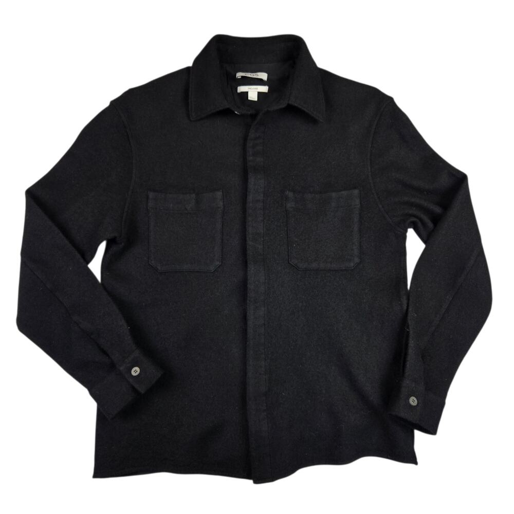 COS Mens Relaxed Boiled Wool Overshirt Size Small Black Button Down Cotton